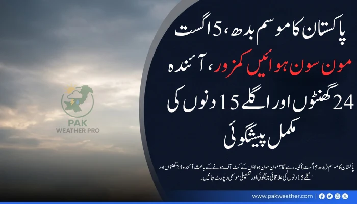 پاکستان کا موسم (بدھ، 5 اگست): مون سون ہوائیں کمزور، آئندہ 24 گھنٹوں اور اگلے 15 دنوں کی مکمل پیشگوئی